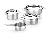 Incluye 4 piezas + 3 tapas: cacerola 20 cm con tapa, cacerola 24 cm con tapa, cazo 16 cm, olla 16 cm con tapa