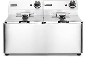 HENDI Fritteuse, Friteuse, Fritöse, einstellbar bis 190°C, Kaltzone, mit Frittierkorb und Deckel, Entnehmbar Becken, Sicherheitsthermometer, 2x8L, 230V, 7000W, 550x430x(H)345mm, Edelstahl
