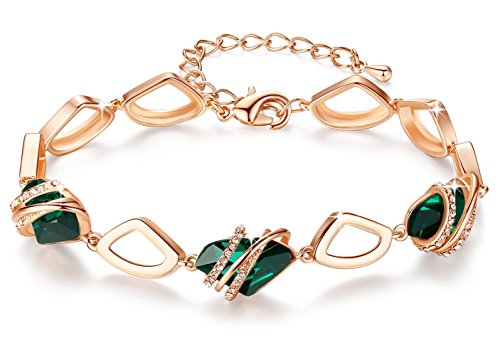 LeafaelWishstone Crystal Link Charm Bracelet, Birthstone Bracelets with Healing Crystals, Allergy-Free Jewellery for Women with Gift Box, Silver-Tone or Rose Gold Plated Bracelets for Women