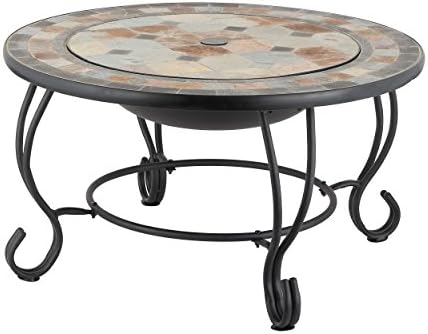 Mari Garden Tudela 76cm Round Outdoor Garden Tiled Slate Coffee Table and Fire Pit with Chrome BBQ Grill, Mesh Lid and Rain Cover Incinerator Log Wood Burner Patio Heater Chimnea Chimenea