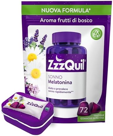 ZzzQuil Sonno Formula Vegana Integratore per Dormire con Melatonina ed Estratti Di Valeriana, Camomilla e Vitamina B6, Addormentarsi Velocemente, 72 Pastiglie Gommose, Gusto Frutti di Bosco