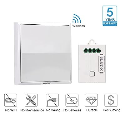 COLEMETER Ensemble Interrupteur sans fil sans pile Radiocommandé, Interrupteur Mural Cinétique Économique, 160m de Portée, Blanc design, 50 ans de Garantie, Récepteur Inclus