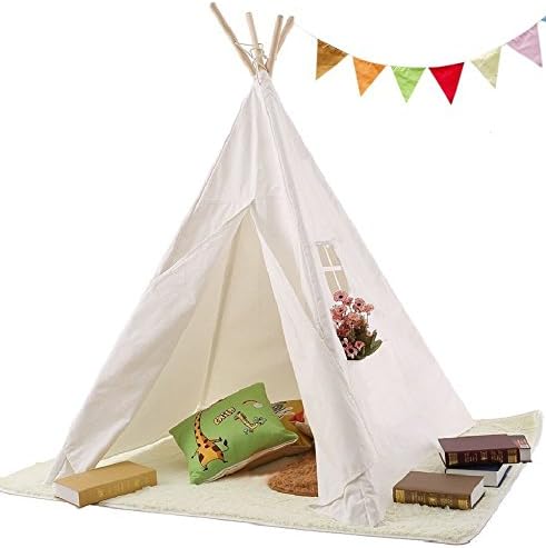 LOISLEILA Kids Teepee Tent Play Indian Tent for Children Cotton Canvas with Four Wooden Poles One Window (White)
