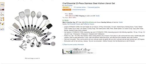 Chef Essential 23-Pc Stainless Steel Kitchen Utensil Set, Nonstick Kitchen Tools Cookware Set with Spatula, Stainless Measuring Spoons Included, Best Kitchen Gadgets Gift Set