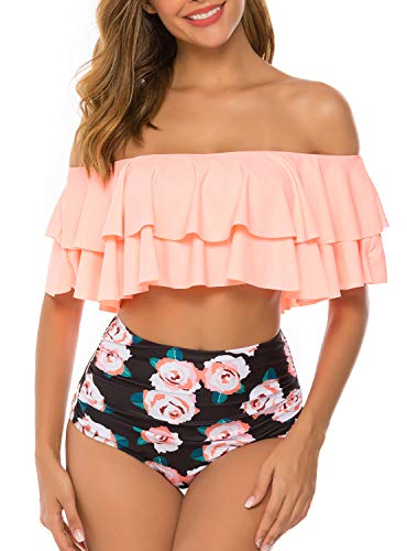 TRENDOUX Badeanzug für Damen, Retro-Bikini, mit hoher Taille, wasserdichte Handyhülle - - Medium