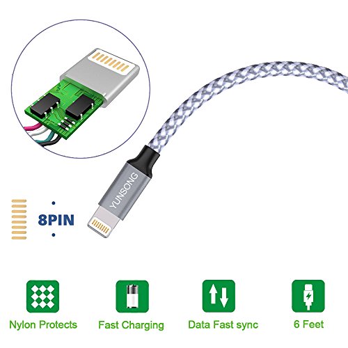 iPhone Charger, YUNSONG 3PACK (6FT) Nylon Braided Charging Cable Cord Lightning to USB Cable Charger Compatible with iPhone 8 8 Plus X 7 7Plus 6s 6sPlus 6 6Plus 5 5s 5c SE iPad iPod & More (Silver)
