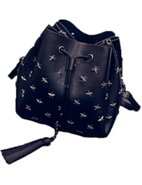 Schicke Damen Beuteltasche mit Stern Nieten Bucket Bag Zugband Leder Handtasche Schultertasche Einheitsgröße