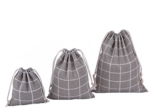 abaría - Pequeña bolsa organizador con cuerdas 3 piezas (25x 30 cm, 19 x 23 cm, 14 X 16), tartán gris