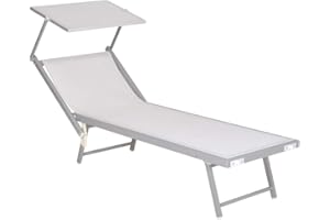 Enrico Coveri Mare Professional Aluminium Folding Lounger with Sun Canopy and Textilene Cover, Perfect for Beach, Pool and Garden (White)