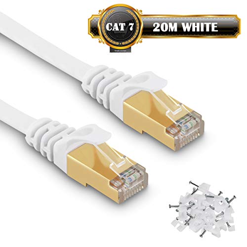 20m Cavo di Rete Cat 7 Cavo LAN Ethernet Gigabit Velocit S/STP 10Gbps 750Mhz Piatto Cavo patch LAN RJ45 per Xbox, PS4, Router, Switch, Compatibile con CAT6a/CAT5/Cat6 - con Cable Clamps - Bianco