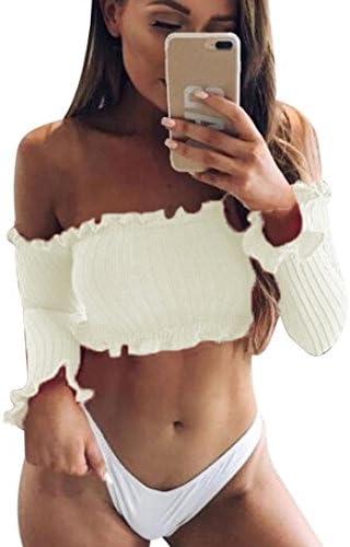 iHee Womens Bardot Off Shoulder Ribbed Long Sleeve Crop Tops Frill Shirt Sexy Blouse (L, Biege)