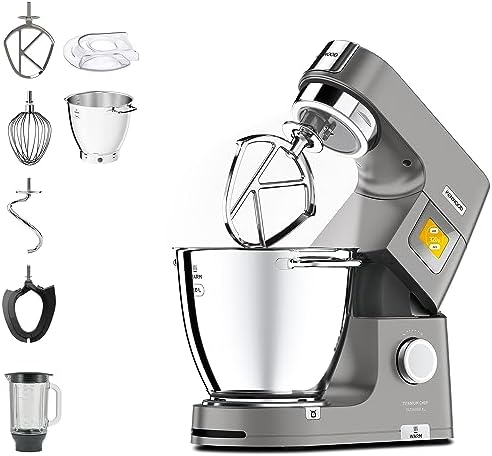 Kenwood KWL90.034SI Impastatrice Planetaria Titanium Chef Patissier XL con Ciotola EasyWarm da 7 L, Bilancia integrata, Potenza 1400W e Frullatore, Illuminazione in Ciotola, Argento