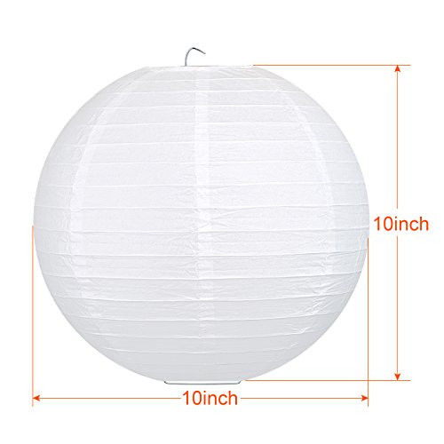 LIHAO 10″ weiße Papier Laterne Lampion rund Lampenschirm Hochtzeit Party Dekoration Ballform (10er Packung) - 5