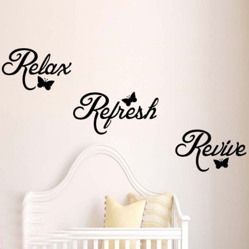 Wall Sticker - Relax Refresh Revive with butterflies Wallart bedroom bathroom -SMALL -SIZE 60cm x 10cm -Silver
