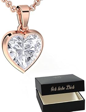 Herzkette Rosegold Kette Damen-Kette Halskette Rosegold Herz GRATIS Etui mit Gravur Herz-Anhänger Rose Zirkonia...
