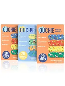 Aya Papaya Ouchie Non-Toxic Printed Bandages Triple Combo (3 X 20= 60 Pack )- (2 X Orange & 1 Blue)