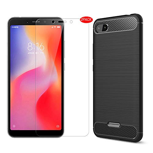 MYLBOO Funda Xiaomi Redmi 6A con Protector de Pantalla, [3 en 1] Funda TPU de Silicona Suave y Delgada + [2 Pack] [9H dureza] Protector de Pantalla de Vidrio Templado para Xiaomi Redmi 6A (Negro)