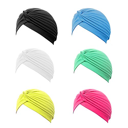 BELLE VOUS Turbante (Pack de 12) - Un tamaño Elástico Estirables Turbante del Casquillo (6 Colores) - Turban de Estilo Indio Plisado para Protección Caída Cabello para Hombres y Mujeres