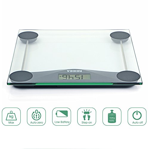 REIDEA Digitale Personenwaage Körperwaage aus Sicherheitsglas, 5kg-180kg, mit Großem LCD-Display, Batterie und Maßband, Schwarz - 6