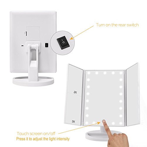 Dimmbare Tri-Fold Make-up-Spiegel mit 21 LED-Leuchten 180° frei drehbare Arbeitsplatte 1X & 2X & 3X Vergrößerungs-Kosmetikspiegel für Travel Home Badezimmer USB-oder batteriebetrieben(Weiß) - 4