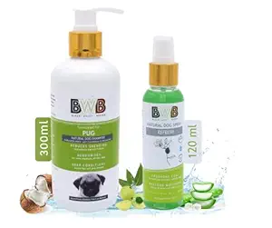 BWB Natural Dog Shampoo for Pug with Free Anti-TICK and FLEA DEO-Spray.PARABEN Free+Alcohol Free+pH Balance with Conditioner & Moisturiser and Added Alovera,NEEM,Coconut & Amla extracts