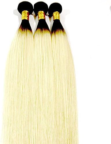 Dark Root Blonde Ombre Silk Natural Straight 1 Bundle Brazilian Virgin Hair Weave Weft Two Tone Unprocessed Human Hair Extensions , 24 inch