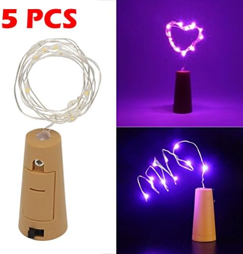 Pack of 5 Bottle Lights 2M/6.5FT, 20 LEDs Cork Stopper Shaped Silver Wire Fairy String Light Lamp Battery Operated DIY for Christmas Halloween Wedding Birthday Party (Purple)