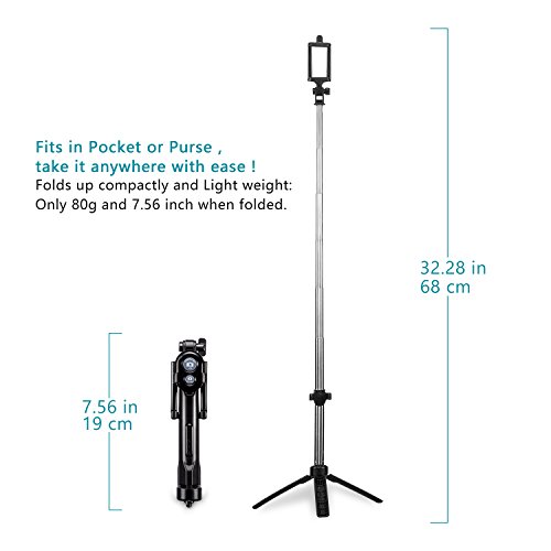 Palo Selfie  Alfort Bluetooth Selfie Stick Tr  pode Wireless Multifuncional Extensible Mini en Plegado Selfie Stick con Obturador Remoto Bluetooth para iPhone 8   7   7 Plus   Samsung A7   S7   S7 Edge   Huawei P10   P9   P9 Lite Sony Xperia XZ Premium  Xiaomi 6 y Otros Android Tel  fono 5 5   o de Menor   Negro  