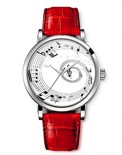 iCreat Damen Analog Armbanduhr Rot echte Leather Schnalle Schönes Zifferblatt mit Musik Note Kreis Schwarz Weiß iCreat Damen Analog Armbanduhr Rot echte Leather Schnalle Schönes Zifferblatt mit Musik Note Kreis Schwarz Weiß