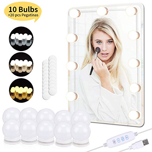 PEYOU - Kit di luci per specchio trucco, con 10 lampadine regolabili e 20 adesivi, ricarica USB, 3 modalità di colore regolabile, per trucco da tavolo (senza specchio e caricatore USB)