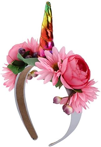 Girl Unicorn Horn Headbands Cosplay Costume Makeup Party Headdress Birthday Rose Flower Hair Band (Rainbow)