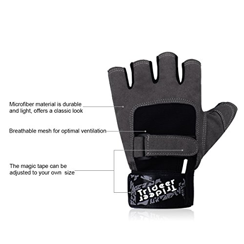 Trideer Ultraleicht Fitness Handschuhe Trainingshandschuhe mit Adjustable Handgelenkstütze für Krafttraining Gewichtheben und Bodybuilding, Fingerlos Microfiber Material und Safe Geleinlage Silica Palm Exercise Gloves für Damen Herren Frauen Manner (Grau und Schwarz) - 5