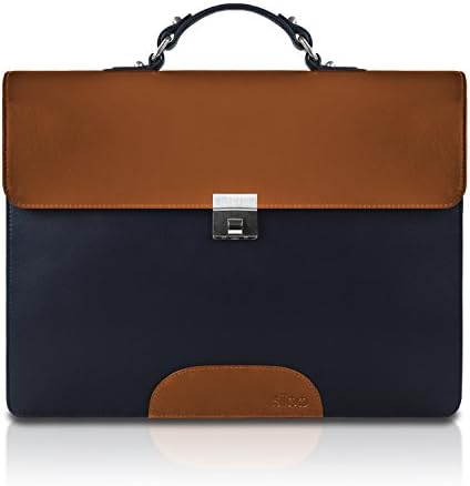 SILEO® Premium Genuine Leather Briefcase ADAM with Padded Pocket for Laptops up to 15.6 Inch – Mens HanMBag, Satchel, Messenger, Crossover, Shoulder, Laptop Bag for Men in Navy Blue &amp; Tan