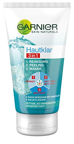 GARNIER Hautklar 3in1 Gesichtsreinigung + Peeling + Gesichtsmaske / Gesichtspflege gegen Pickel und Unreinheiten, 1er Pack - 150 ml