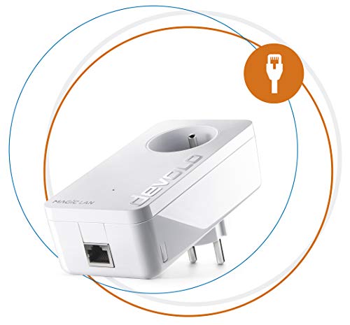 devolo Magic 2 LAN : adaptateur Powerline avec 2400 Mbits/s pour le réseau domestique via dLAN, 1 connecteur Ethernet Gigabit pour un Internet magique, avec prise de courant intégrée, blanc