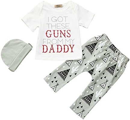 CHshe Newborn Baby Toddler Boys Girls โ I Got These Guns From My Daddy โ Print 3PCS Tops+ Pants+Hats Cotton Blend Outfits Clothing Set For 3-18 Months (White, 6 Months)