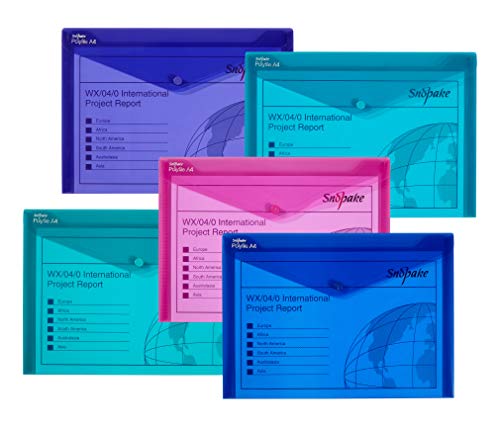 Snopake 12844 Polyfile A4 Popper Wallet File with Press Stud  Electra Assorted Colours (Pack of 5)