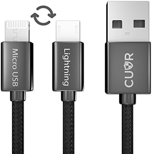 OneCable® 2-in-1 Lightning Cable &amp; Micro USB Charger | Braided Charging and Data Lead for Apple iPhone 5 6 6S 7 8 X Plus iPad Air Mini Pro iPod Galaxy S7 Edge PS4 Xbox (Black)