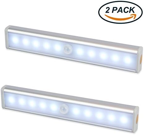 Motion Sensor Light BEICHEN 10 LED Under Cabinet Lighting with Magnetic Strip and Rechargeable Battery, USB Charging (Silver-double)