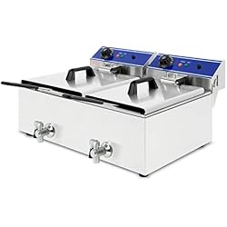 vertes Friteuse 2x10L (2x3000 Watt, température réglable jusqu'à 200°C, électrique 230V, capacité 2x5,5L d'huile, principe des zones froides, vanne de vidange, fonction reset, acier inoxydable)
