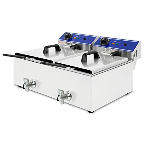 vertes Friteuse 2x10L (2x3000 Watt, température réglable jusqu'à 200°C, électrique 230V, capacité 2x5,5L d'huile, principe des zones froides, vanne de vidange, fonction reset, acier inoxydable)