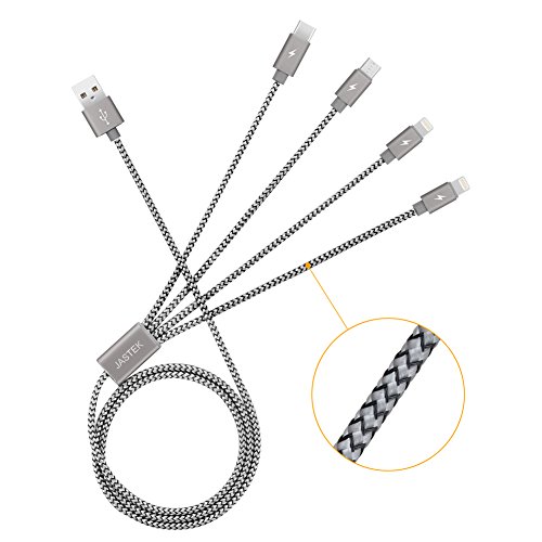 Multi USB-Kabel, jastek 3,3 Füße (1 Meter) 4 in 1 Geflochten mehrere Ladekabel Aluminum Adapter Stecker mit Typ C, 2 x 8 Pin Beleuchtung, Micro USB für universell einsetzbar – Aluminum Grau