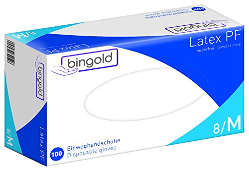 BINGOLD 604252 Latex PF Einweghandschuhe, puderfrei, online chloriniert, anatomische Passform, CE CAT I, Größe M, Natur (100-er Pack)