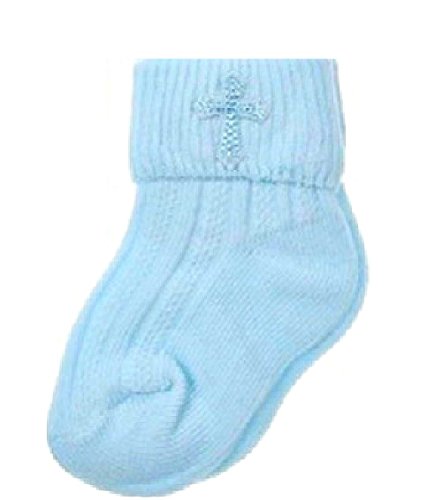 Baby Christening Socks Girls Boys With Embroidered Cross Newborn 0-18 months White or Sky (12-18 Months, Sky Blue)