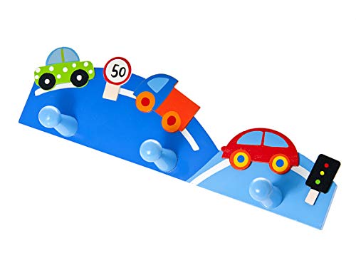Mousehouse Gifts Triple Gancho Perchero de Pared la Ropa en Tonos Azules y Decorado con Coches para la habitación de los niños
