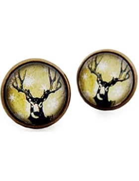 Miss Lovie Damen Mädchen Ohrstecker Reh Ohrringe Cabochon 12mm Modeschmuck Waldmotiv Grün Bronze