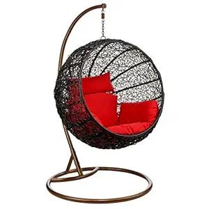 Hindoro Big Boss Wicker Rattan Hanging Egg Chair Swing for Indoor Outdoor Patio Backyard, Comfortable Relaxing with Cushion and Stand (Standard Brown Swing, Red)