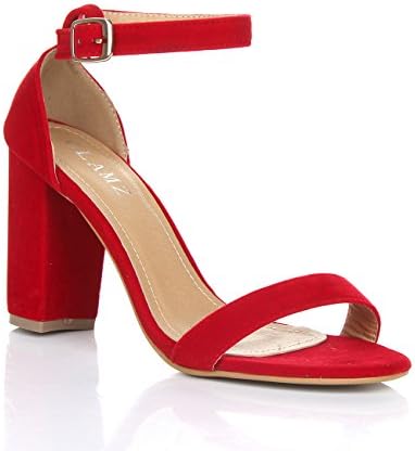 Womens Ladies Block HIGH Heel Ankle Strap PEEP Toe Strappy Sandals Shoes Size 3 4 5 6 7 8 (5, RED Suede)
