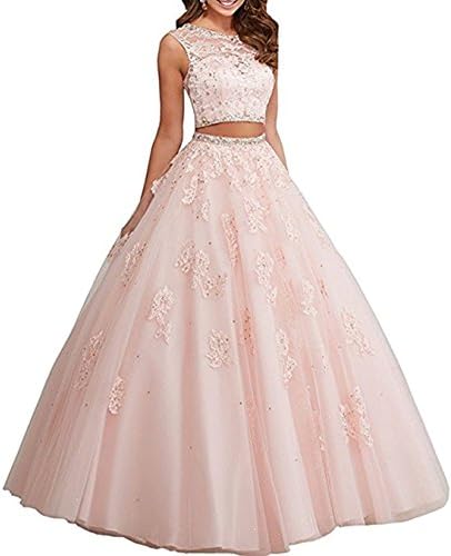 Long Lace Ball Gown Two Piece Rhinestones Quinceanera Dresses Prom Gowns
