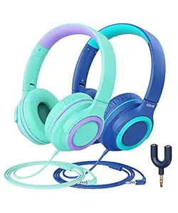 iClever Headphones for Girls with Mic Kids Headphones Wired, [2 Pack] 94dB Safe Volume Limited, Sharing Splitter, Tangle-Free Foldable Stereo Child Headset for Online School/Travel/iPad, Green&Blue?